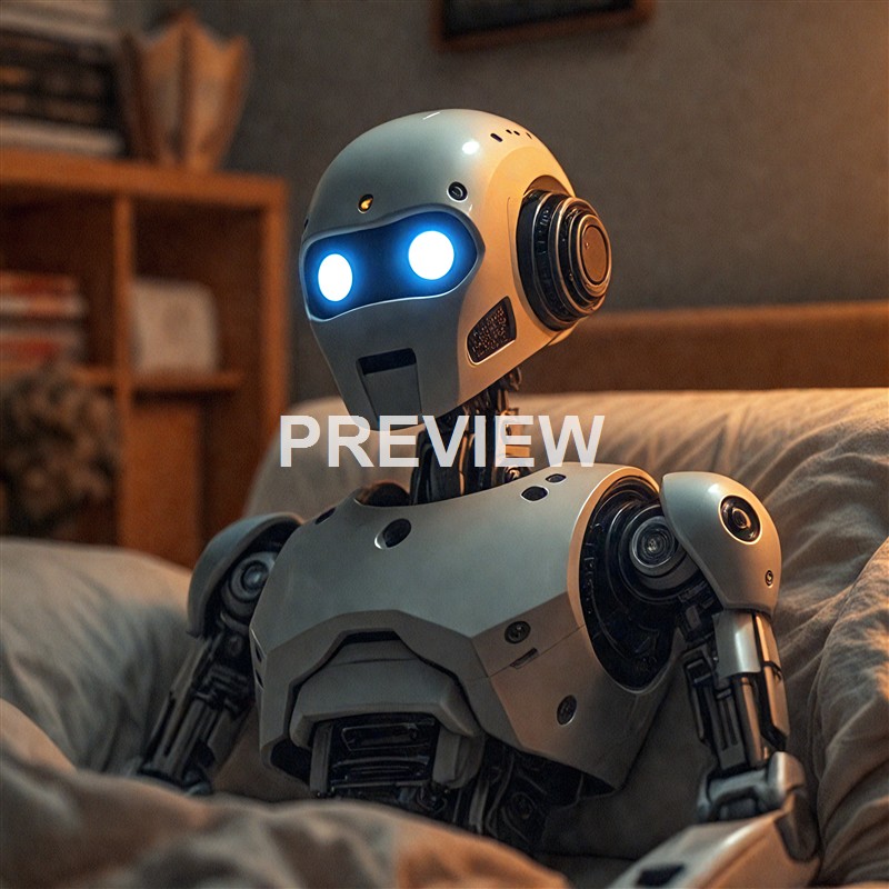 A humanoid robot with glowing blue eyes and a sleek, futuristic design sitting on a bed in a cozy room.